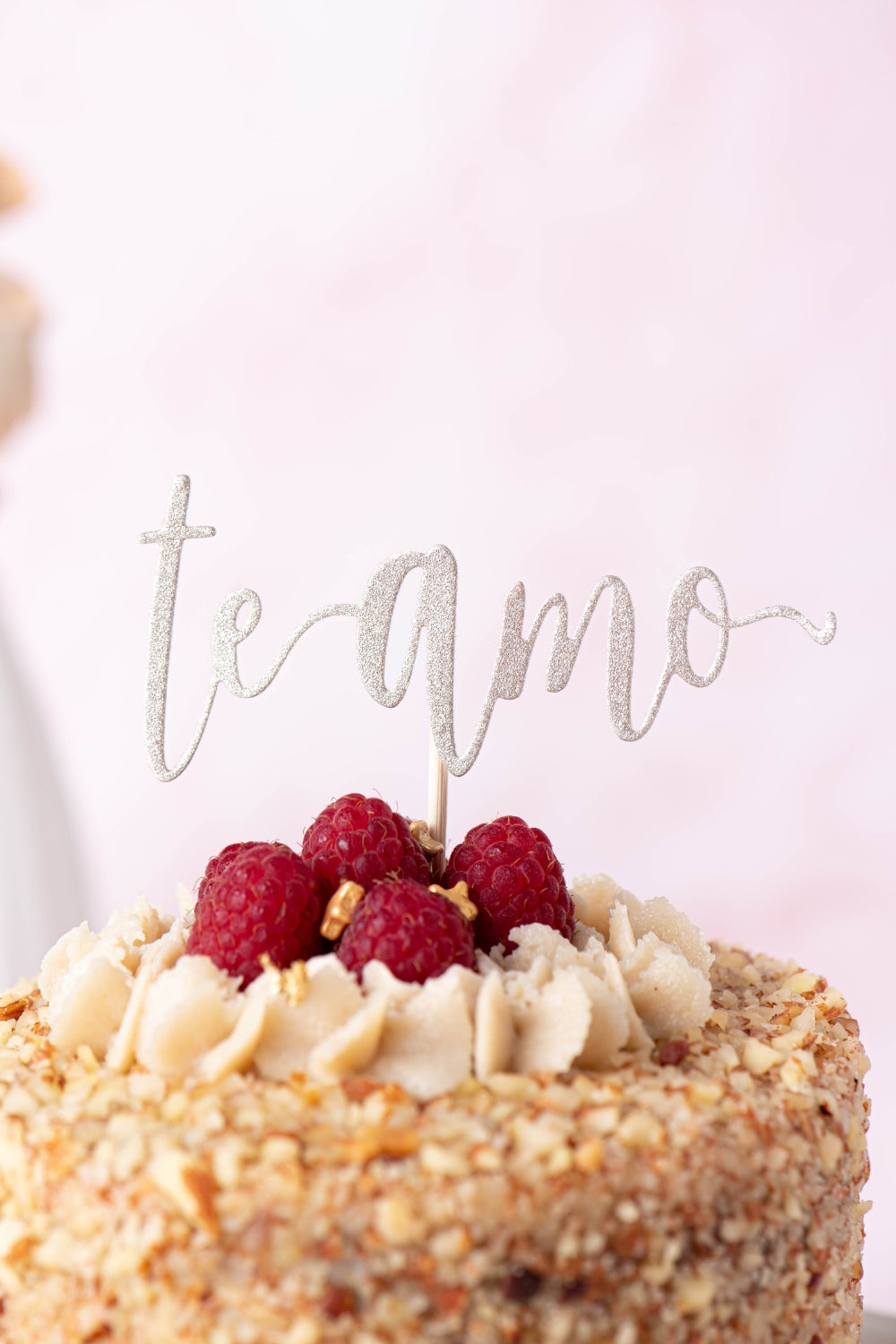 Mini torta de zanahoria en un plato color blanco sobre un fondo rosado pastel. Sobre la torta hay un topper que dice "te amo". 